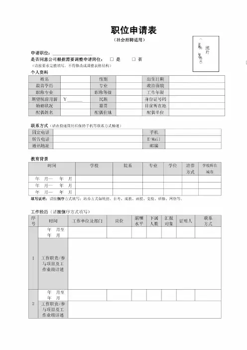 地铁职位申请表(社会招聘适用)