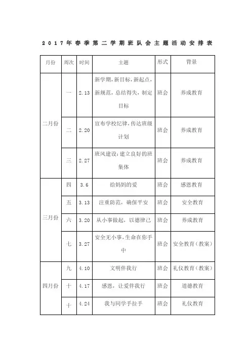 班队会主题活动安排表