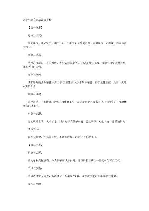 高中生综合素质评价模板