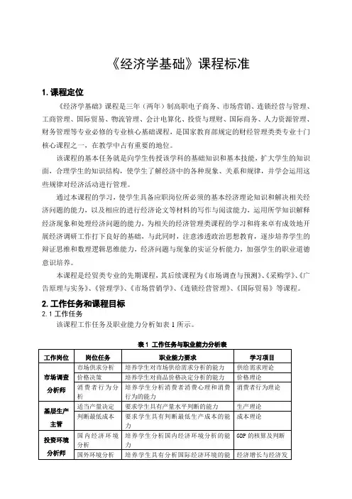 重庆科创职业学院《经济学基础》课程标准