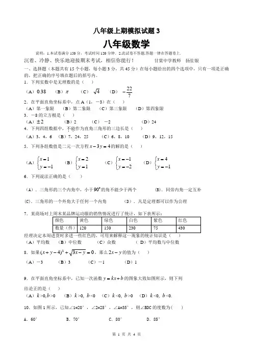 八年级上数学期末模拟试题3