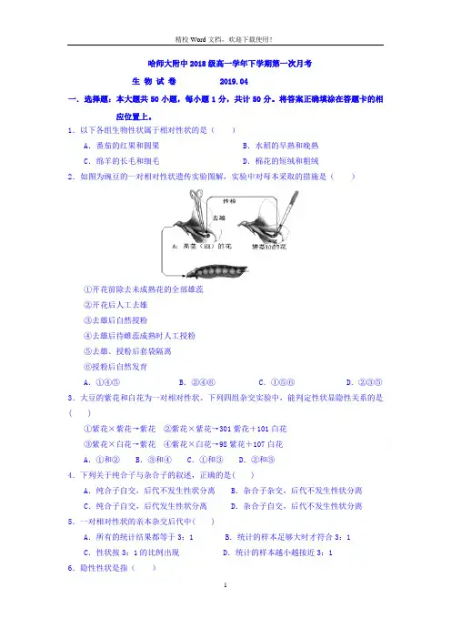 黑龙江省哈尔滨师范大学附属中学2018-2019学年高一下学期第一次月考生物试题(Word版含答案)