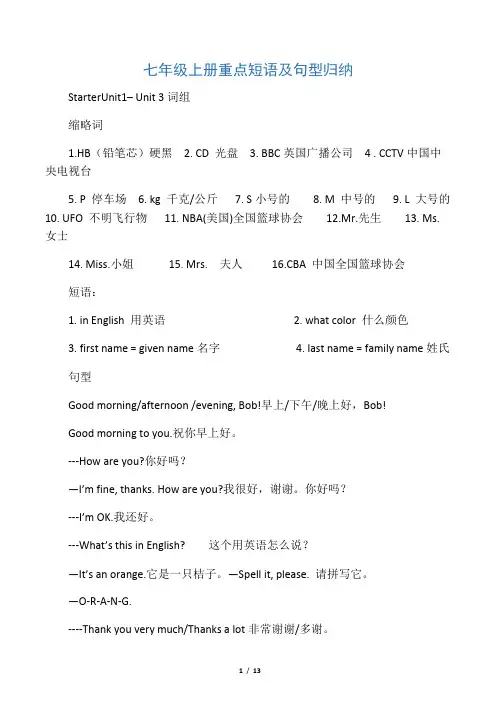 英语七年级上册重点短语及句型归纳 2