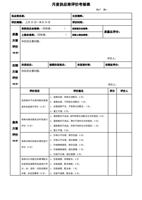 月度供应商评价考核表