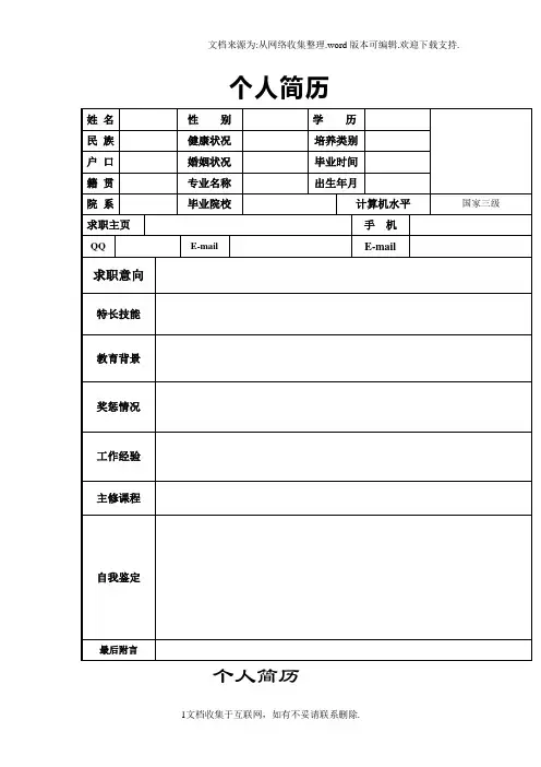 个人简历模板大全(word版可编辑)