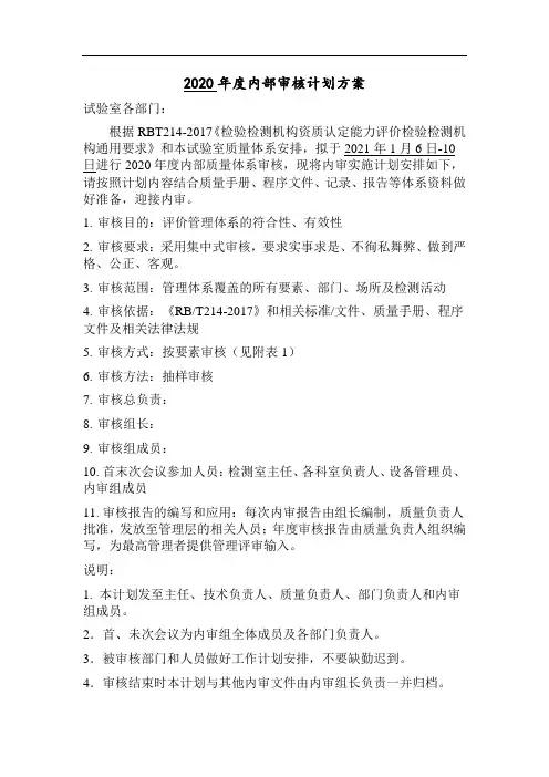 2020年度内部审核计划方案