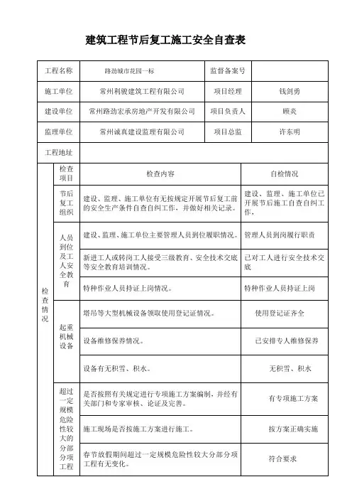 二标房屋建筑工程节后复工施工安全自查表