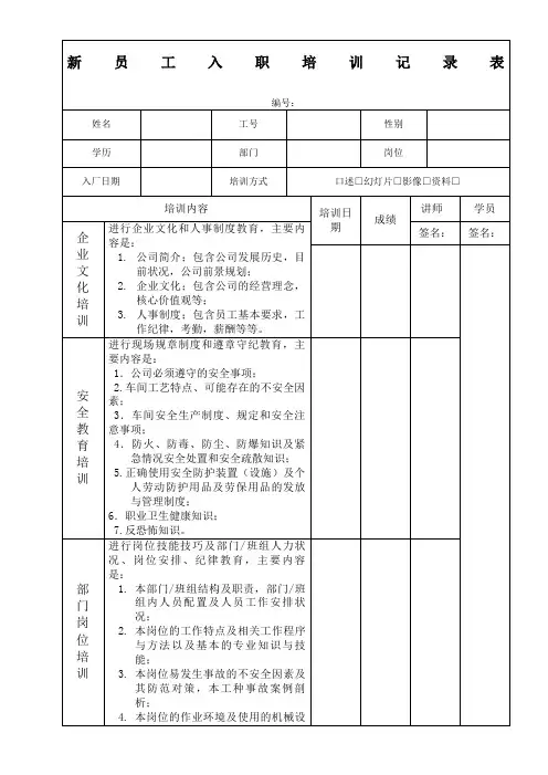 新员工入职培训记录表 2