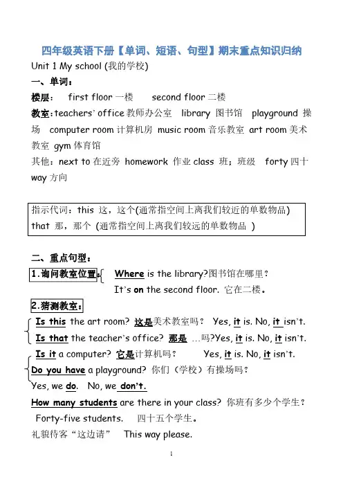 PEP四年级英语下册【单词、短语、句型】期末重点知识归纳【精品】