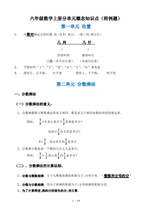 六年级数学上册分单元概念知识点(附例题)