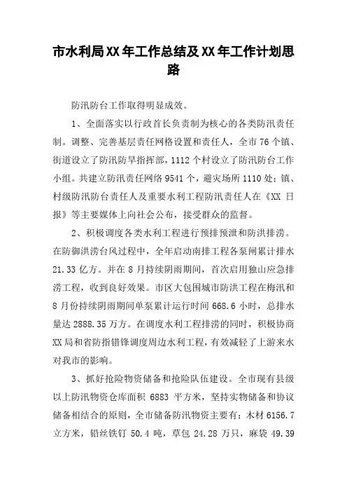 市水利局XX年工作总结及XX年工作计划思路
