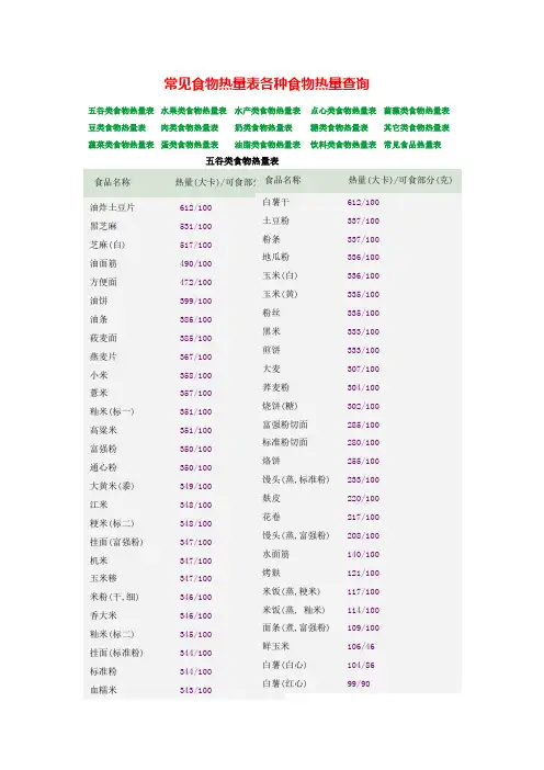 常见食物热量表各种食物热量查询