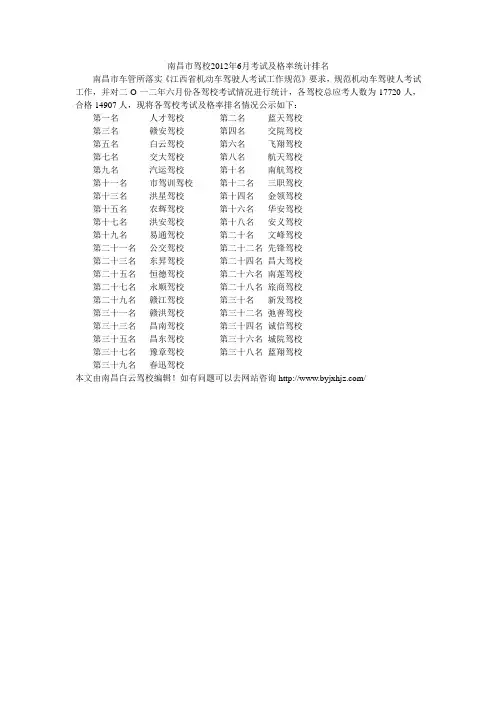 南昌市驾校2012年6月考试及格率统计排名