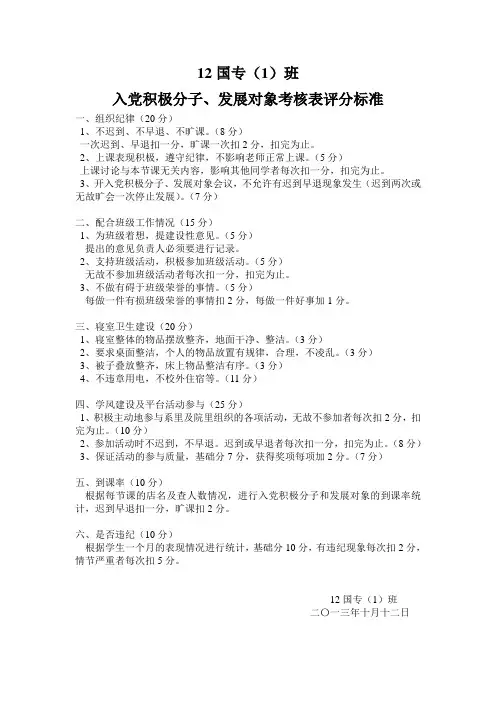 12国专一班入党积极分子、发展对象考核表评分标准
