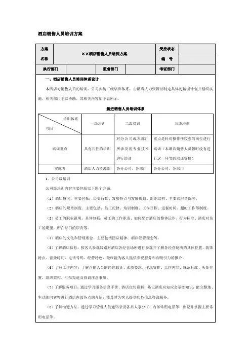 酒店销售人员培训方案