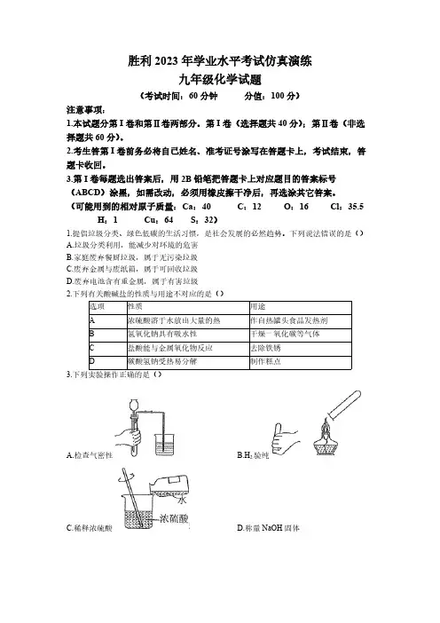 2023年山东省东营市胜利中考三模化学试题(无答案)