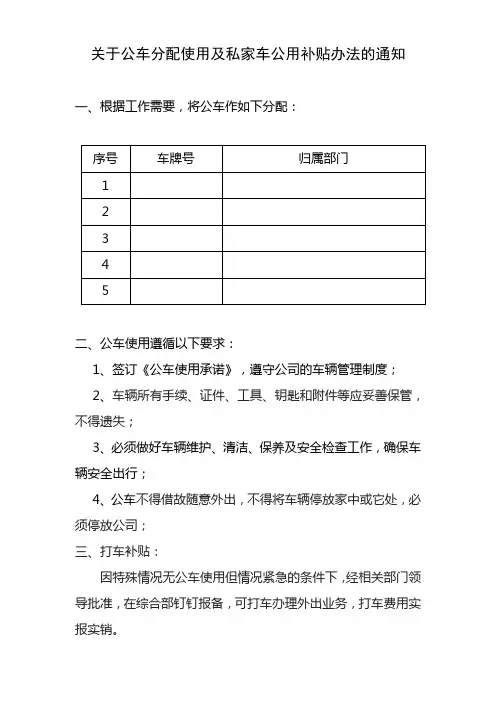 公车使用规定,公车使用承诺,私车公用补贴协议
