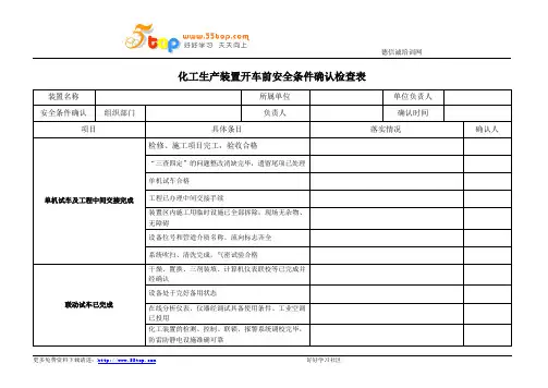 化工生产装置开车前安全条件确认检查表