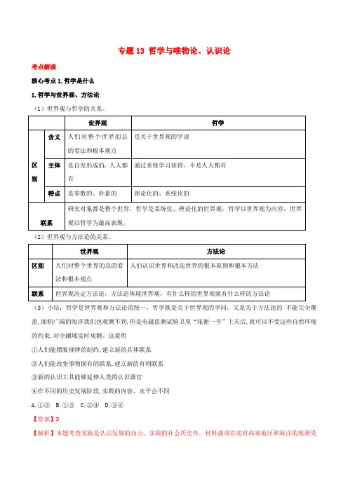 2019年高考政治二轮复习核心专题集锦专题13哲学与唯物论认识论含解析