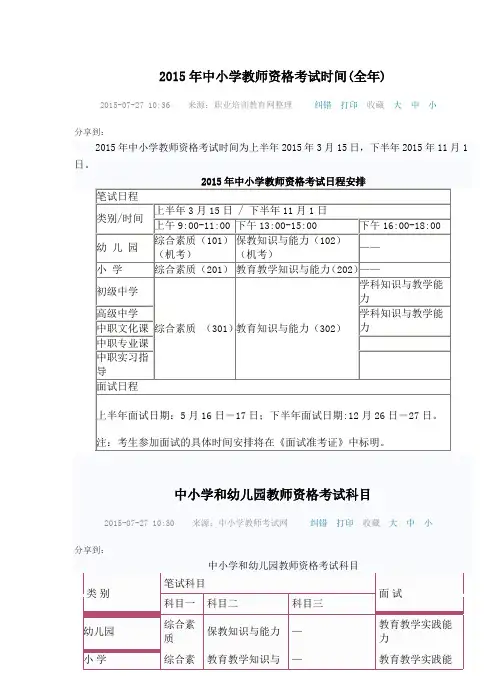 2015年中小学教师资格考试时间(全年)