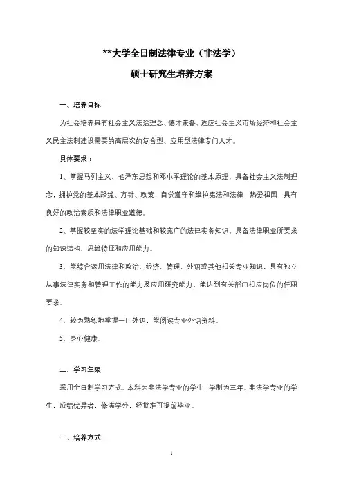 XX大学全日制法律专业(非法学)硕士研究生培养方案【模板】
