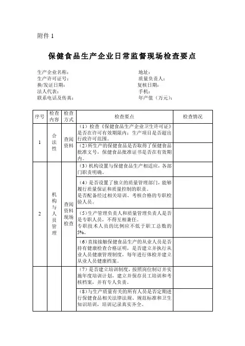 保健食品生产企业日常监督现场检查要点