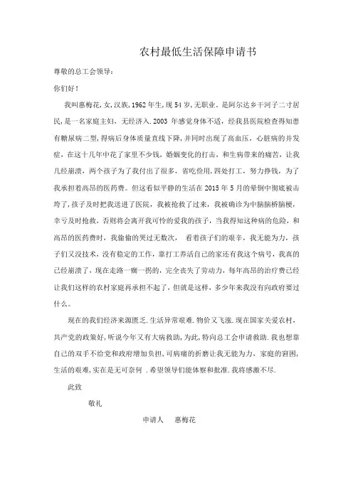农村最低生活保障申请书