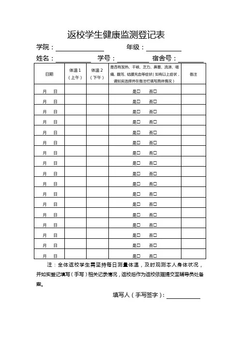 高校返校学生健康监测登记表