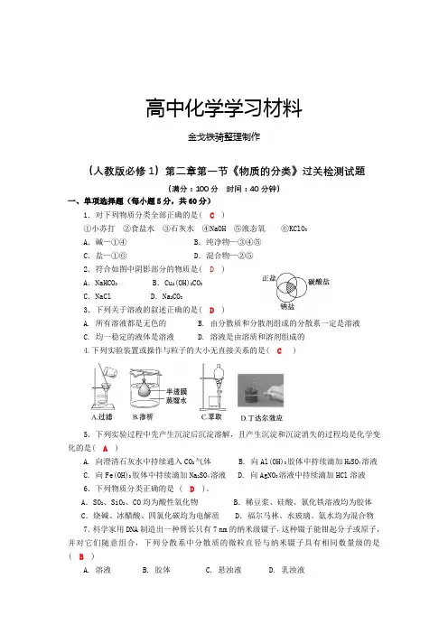 人教版高中化学必修一第二章第一节《物质的分类》过关检测试题