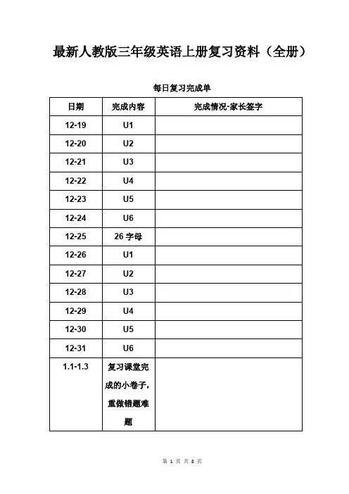 最新人教版三年级英语上册复习资料(全册)