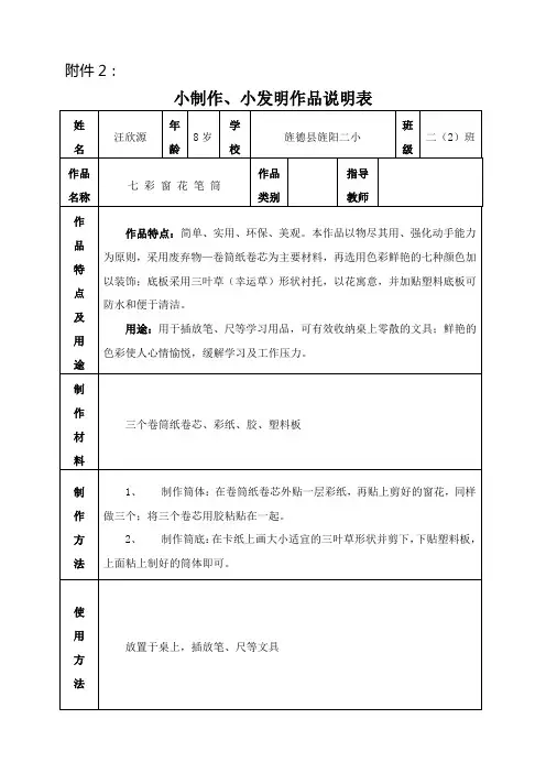 小制作作品说明表