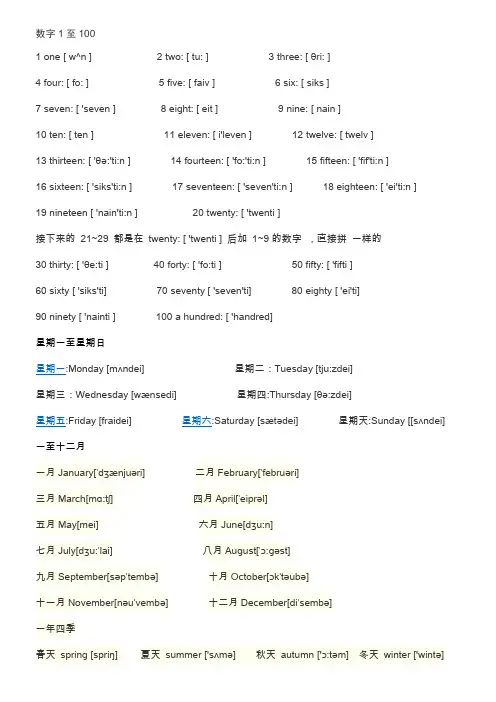 英语单词数字1至100(带音标)