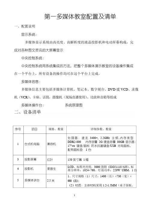 多媒体教室配置及清单