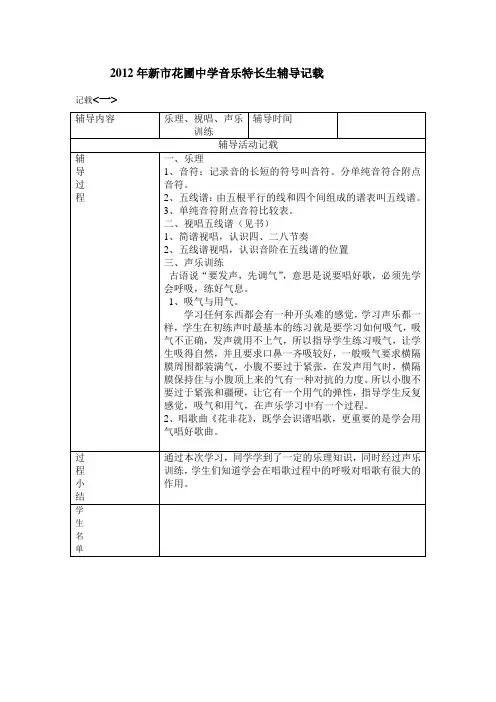 音乐特长生辅导记载