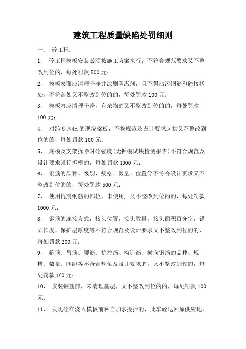 建筑工程质量缺陷处罚细则
