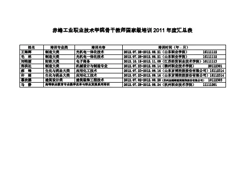 赤峰工业职业技术学院骨干教师国家级培训2011汇总表