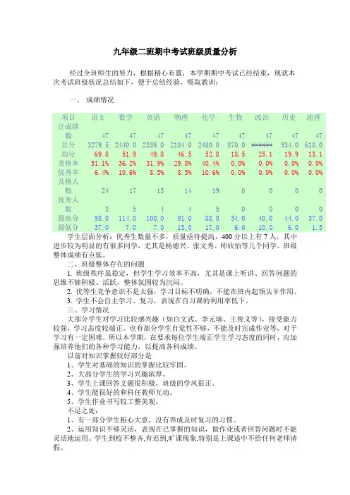 九年级二斑班期中考试班级质量分析