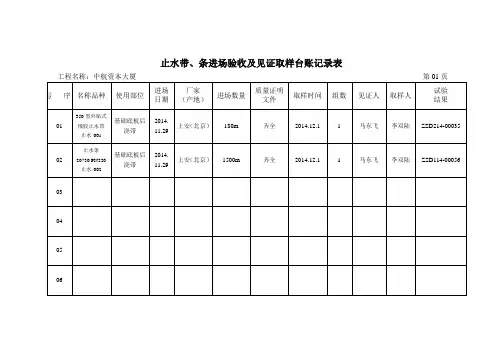 止水带、条进场验收及见证取样台账记录表