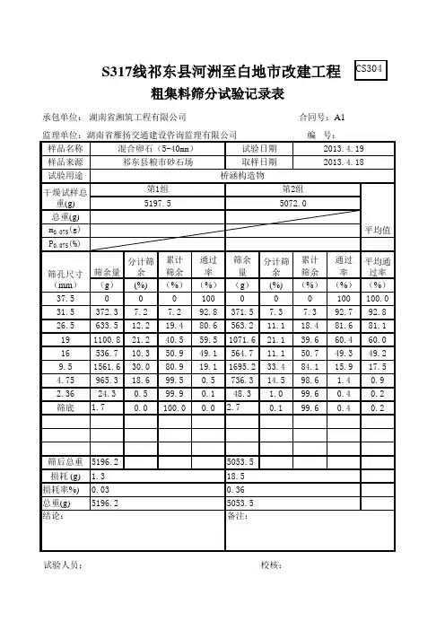粗集料筛分试验记录表 2