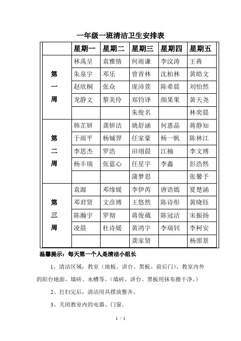一年级一班清洁卫生安排表