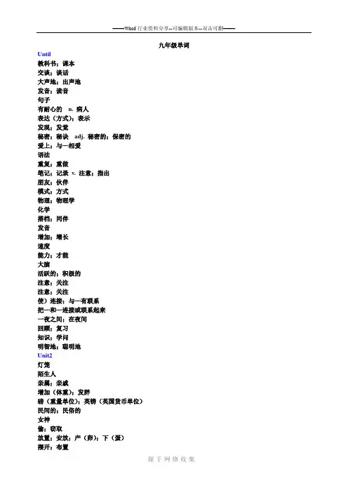 2014人教版九年级英语单词表(汉译英自测)