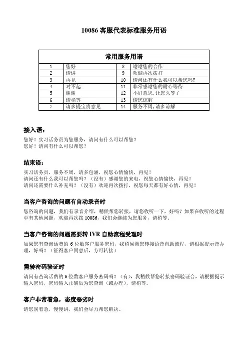 10086中移动自动语音系统客服代表标准服务用语