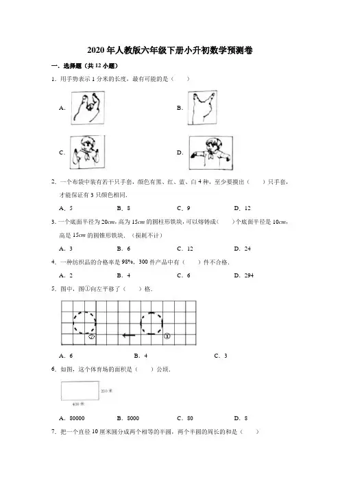 六年级下册数学试题-2020年小升初数学预测卷(8)(有答案)人教版