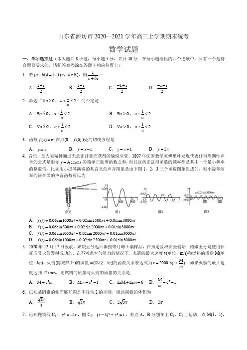 山东省潍坊市2020-2021学年高三上学期期末统考数学试题及答案