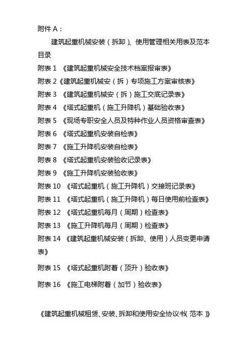 建筑起重机械安装(拆卸)、使用管理相关用表目录及范本.