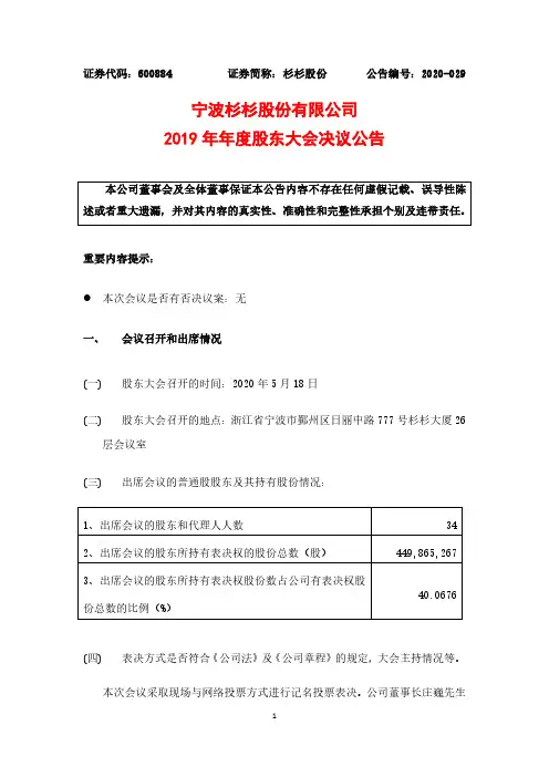 杉杉股份：2019年年度股东大会决议公告