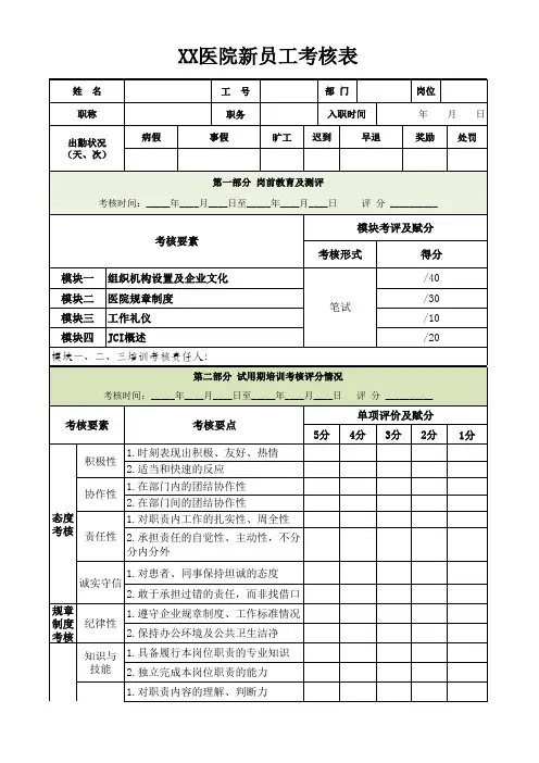医院新员工试用期工作考核表