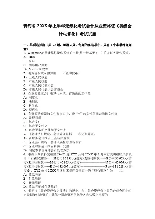 上半年无纸化考试会计从业资格证《初级会计电算化》考试试题