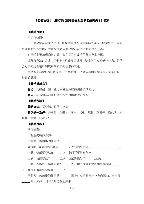《实验活动4  用化学沉淀法去除粗盐中的杂质离子》教案、导学案