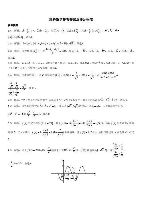 理科数学参考答案及评分标准